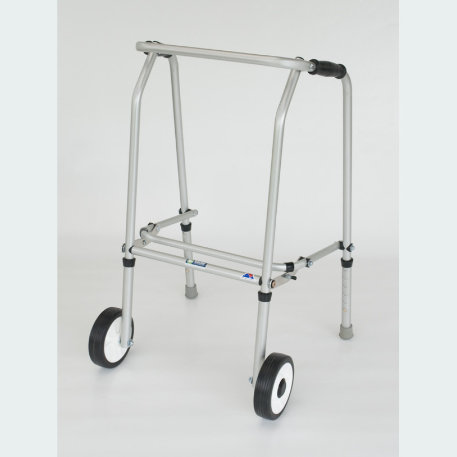 Aluminium Folding Adjustable Walker - SHORT - 2 Wheels / 2 Rubber Feet